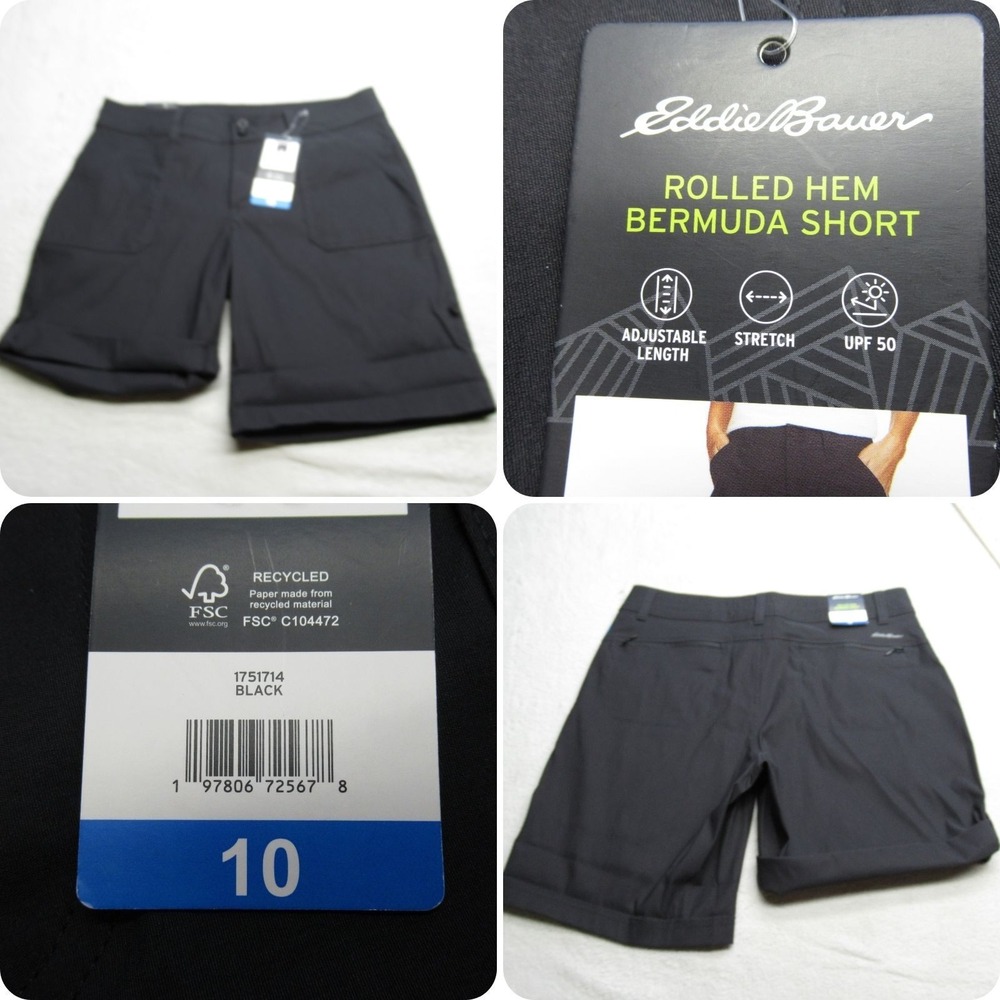 Eddie Bauer Shorts‎ Womens 10 Black Bermuda Rolled Hem Performance Golf NEW